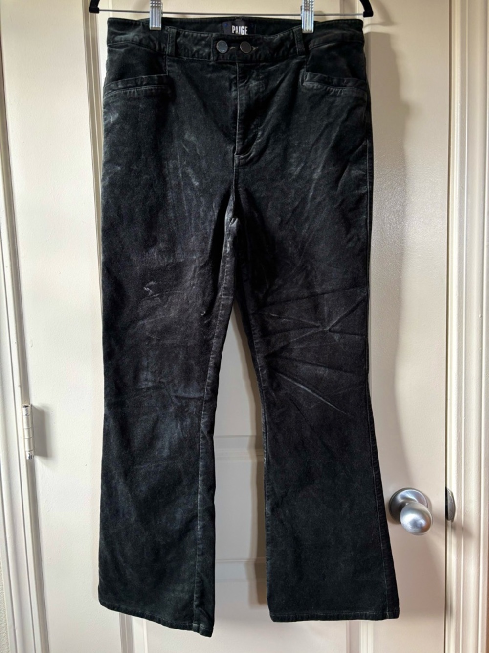 PAIGE Claudine Velvet Double Button High Rise Ankle Flare Jeans Dark Green